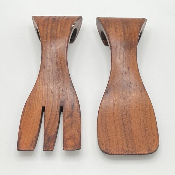 Vintage Mid Century Vermillion Real Walnut Wood Salad Serving Set Fork Spoon MCM - Picture 1 of 5